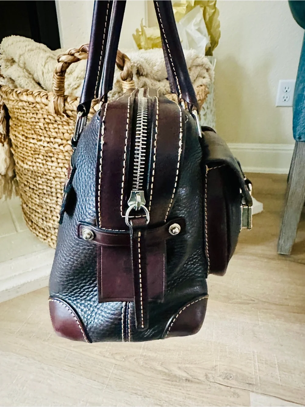 Dooney & Bourke Double Pocket Satchel | Black & Brown Leather